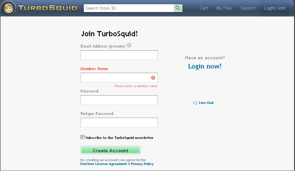TurboSquid create account webpage